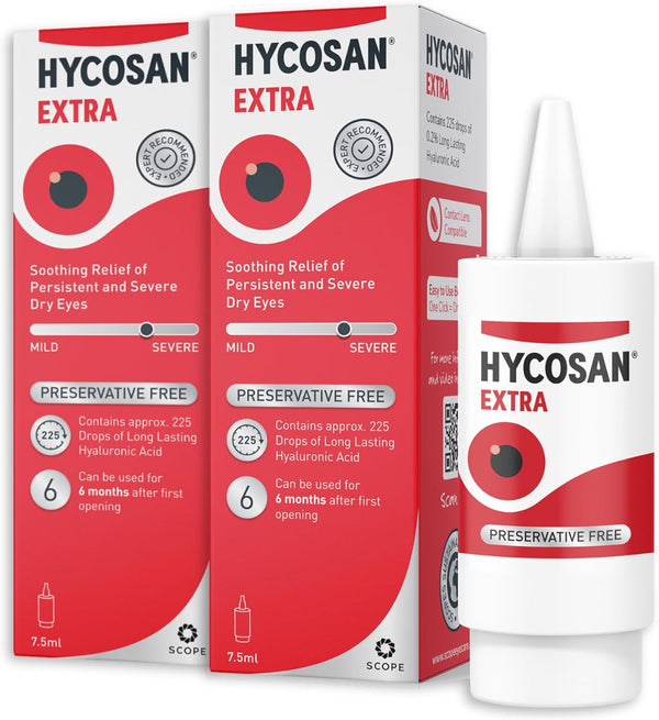 Hycosan Extra Double Pack - Eye Drops with Hyaluronic Acid for Soothing Relief of Severe and Persistent Dry Eyes - Contact Lens Compatible - Preservative Free - 2X225 Measured Drops