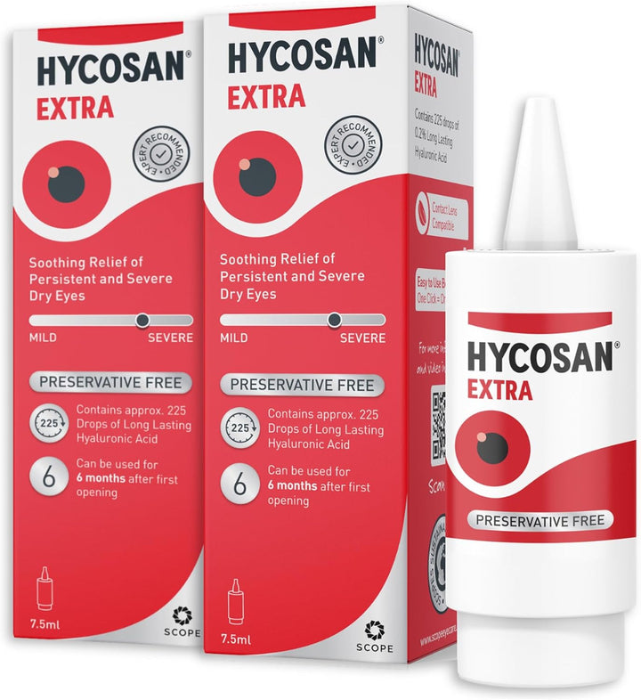 Hycosan Extra Double Pack - Eye Drops with Hyaluronic Acid for Soothing Relief of Severe and Persistent Dry Eyes - Contact Lens Compatible - Preservative Free - 2X225 Measured Drops