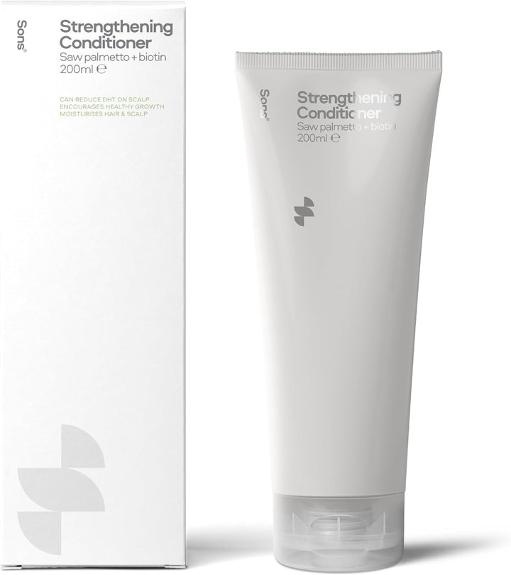Strengthening Conditioner. DHT Blocking and Anti-Dandruff Formula with Saw Palmetto, Argan Oil, & Biotin. Sulphate & Paraben Free. Itchy Scalp Treatment. 1 Month Supply. Made in Europe.