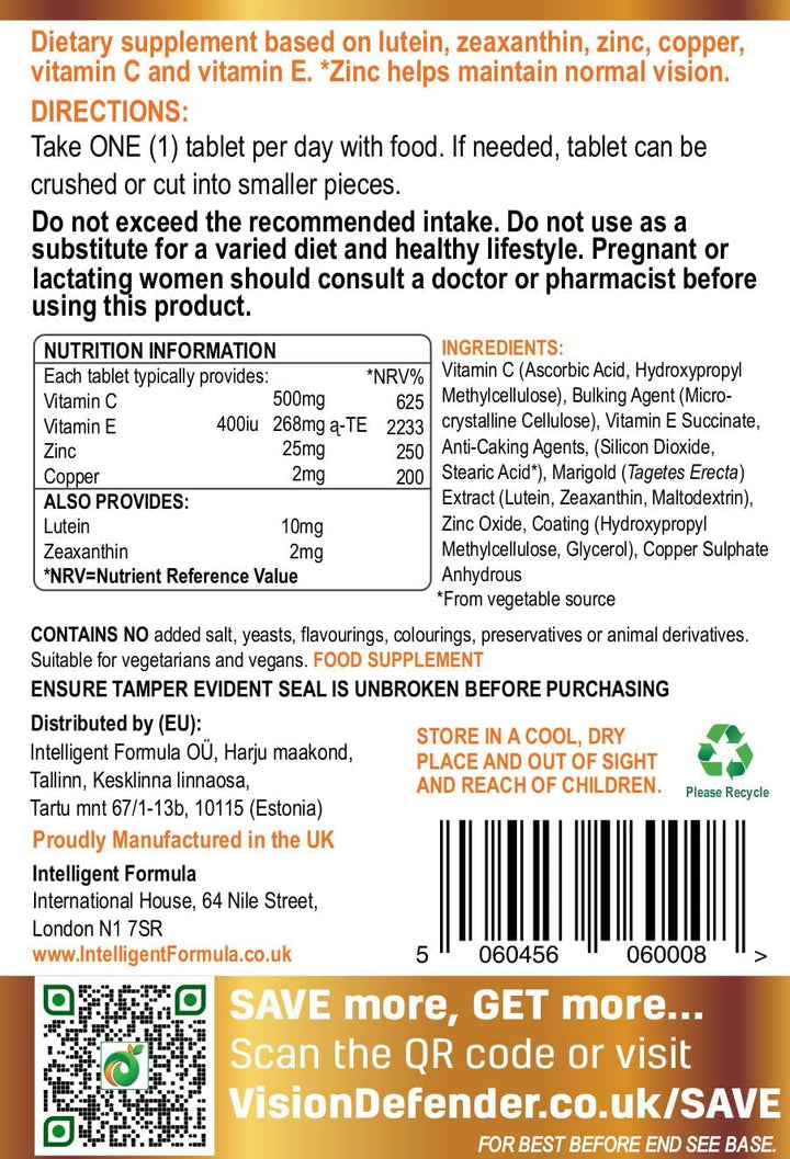 AREDS2 VISION DEFENDER AMD Supplement: Lutein, Zeaxanthin, Zinc, Vitamin E – AREDS 2 Eye Vitamins, Minerals, Nutrients for Eyes. 3 Months Supply (90 Tablets) One-A-Day Vegan Eye Supplement. Made in UK