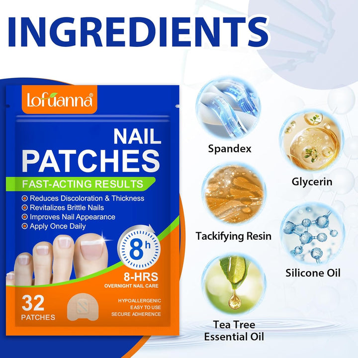 Fungal Nail Patches, 32Pcs Toe Nail Fungal Treatment Pads, 8-Hour Nighttime Toenail Fungus Treatment Restores Healthy Appearance, Reduces Discoloration & Thickness, Overnight Repair for Damaged Nails