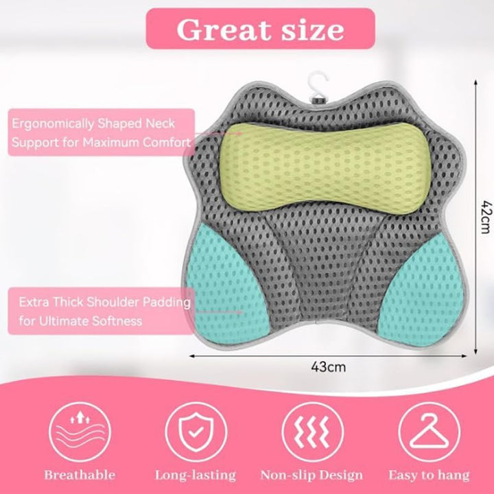 Bath Pillow 4D Luxury Bath Spa Pillow Neck and Back Support, Bathtub Headrest Cushion Pillow Non-Slip with Suction Cups (A)