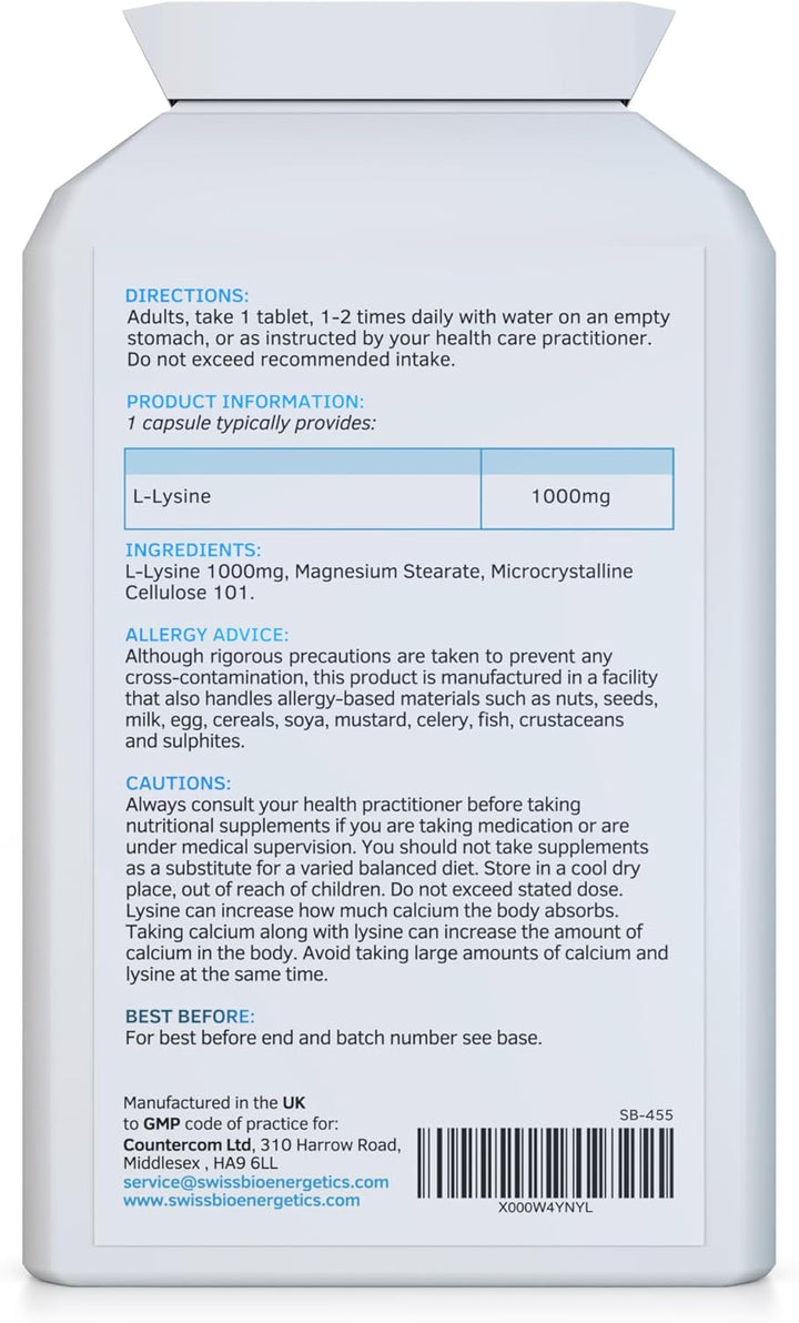 L-Lysine Tablets 1,000Mg 90 Tablets - High Strength Essential Amino Acid Promoting Absorption of Calcium and Healthy Hormonal Stress Responses