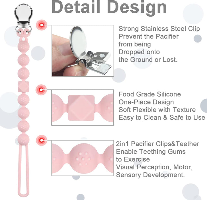 Dummy Clips Boys Girls Silicone Soother Pacifier Chain Flexible Binky Holder Set with Texture for Teething Baby Unisex Newborn Dummies 1-Piece Design(Quartz Pink)