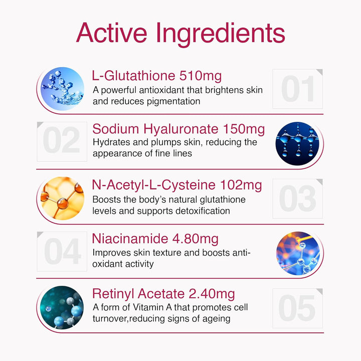 6In1 Beauty Elixir with L-Glutathione 510Mg, NAC 102Mg, Hyaluronic Acid 150Mg Glutathione Supplement with 4X Absorption - Immune and Liver Support, Powerful Antioxidant for Skin - 60 Capsules