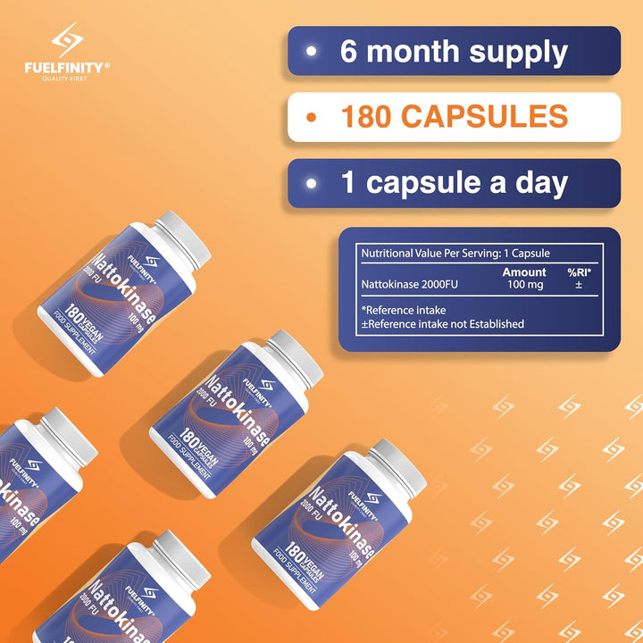 Non-Gmo Nattokinase 2000FU | 180 Days Supply | Cardiovascular Support | Long Term Tested Dosage 100Mg Contributing to Blood Circulation | ® Excellent Manufacturing Standards | Vegan (1 Pack)