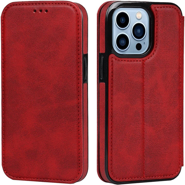 Wallet Case for Iphone 13/13 Pro/13 Pro Max, PU Leather Magnetic Protective Flip Case Cover with Credit Card Slot Viewing Stand Shockproof TPU (Color : Red, Size : 13Pro Max 6.7")