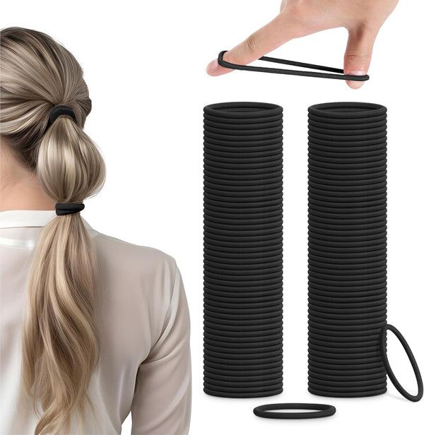 100 Elastic Hair Bands 4Mm Hair Ties Bobbles Elastics Hairbands Ponytail Holders No Metal for Women Girls Kids Men Thick Hair Black