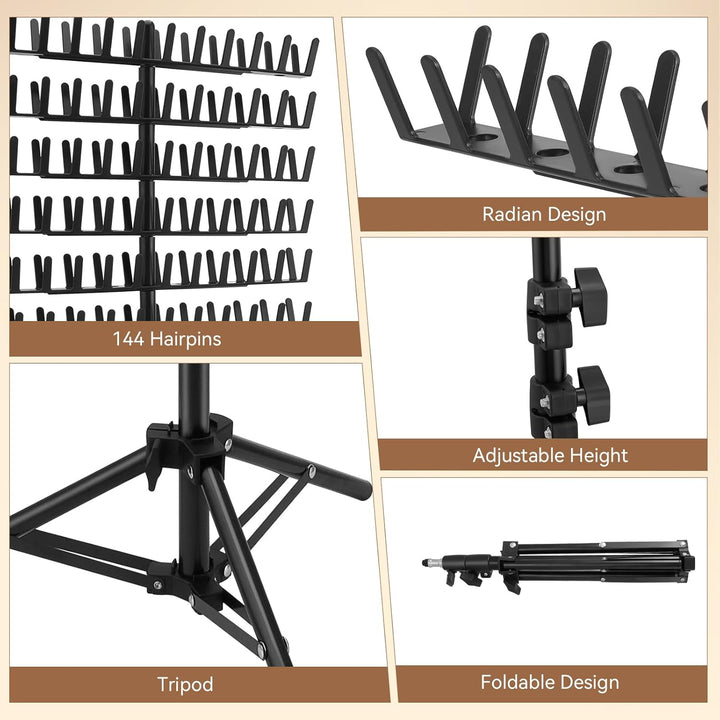 Braiding Hair Rack,Hair Extension Holder with 144 Pegs,Adjustable Height Braiding Rack & Wig Storage Stand,Double Sided Salon Tool for Salon Home Use