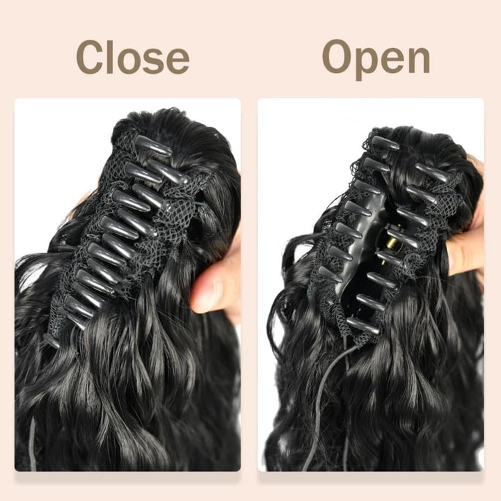 Black Hair Claw Clip with Long Curly Wavy Ponytail Extensions - Drawstring Ponytail for Women - Natural Black (18'')