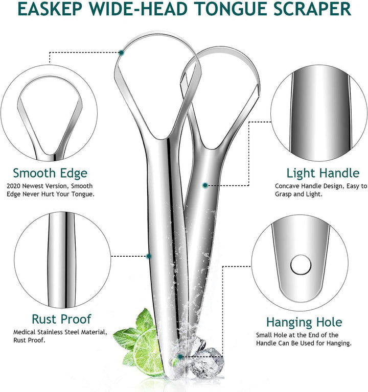 Tongue Scraper (2 Pack), Wide-Head Tongue Cleaner with Nice Carrying Box,  100% Stainless Steel Tongue Scrapers Cleaners, for Men, Women, Adults, Kids, Silver