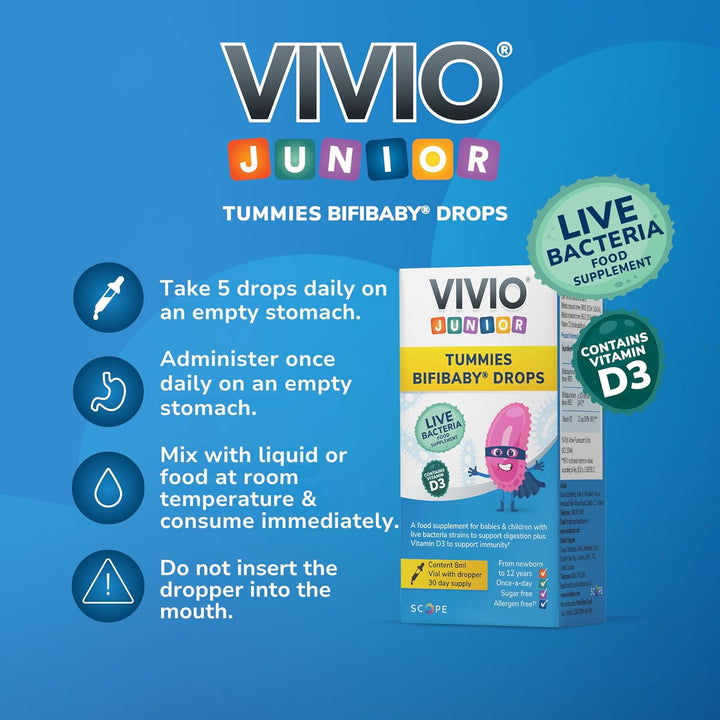 Tummies Bifibaby Drops - a Probiotic & Vitamin D3 Supplement for Babies & Children with Live Bacteria Strains to Support Gut Health and Immunity - 30 Day Supply