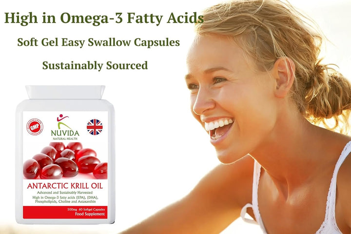 Krill Oil Capsules 500Mg - Krill Oil 1000Mg per Serving - 60 Krill Oil Capsules High Strength - High in Omega-3 Fatty Acids - Soft Gel Easy Swallow Capsules - Sustainably Sourced