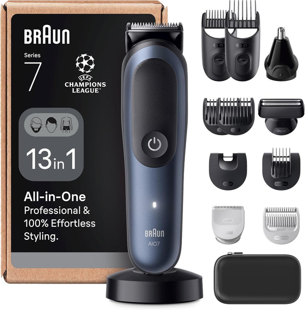 All-In-One Series 7 Grooming Kit, 13In1, Problade & Autosense, 120 Min, Skinguard & Beard Fading, Aquagrip for under Water Use, AIO7565, Blue