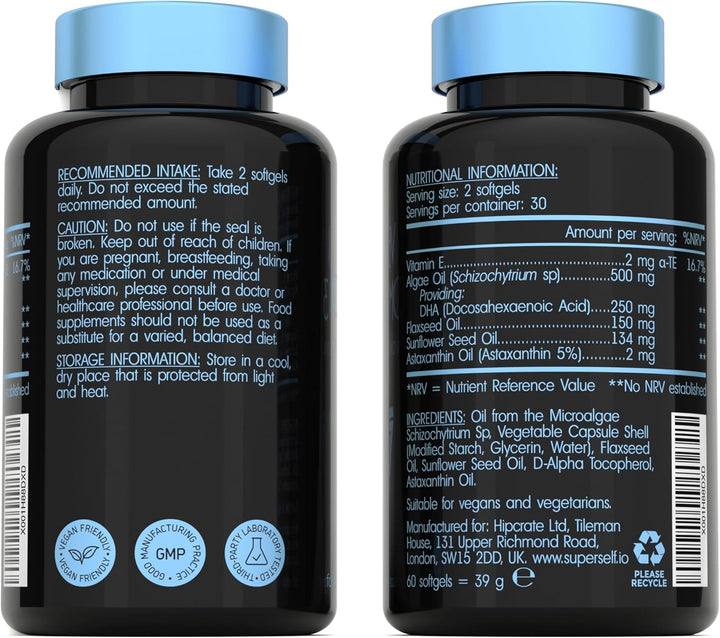 Vegan Omega 3 Capsules - High Strength DHA from Algae Oil with Flaxseed Oil, Astaxanthin, Vitamin E - Algae Omega 3 Vegan - 60 Easy Swallow Softgel Tablets - Sustainable Vegetarian DHA Supplements