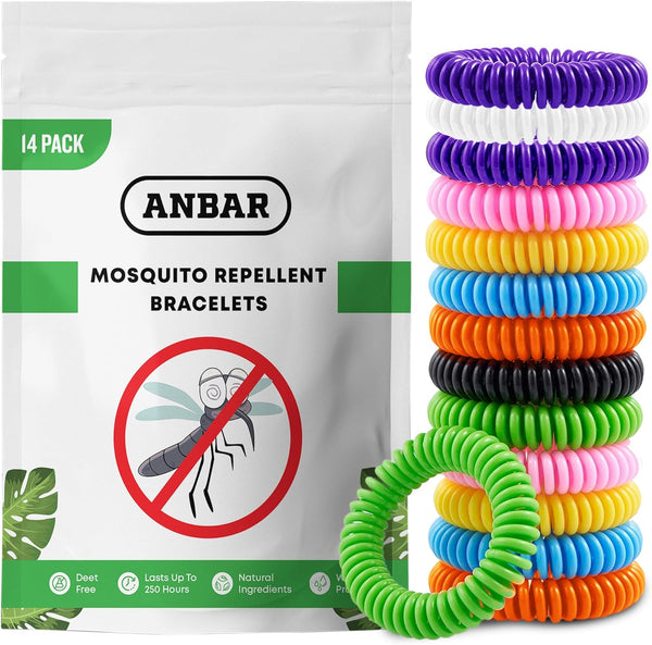 Mosquito Repellent Bracelets Bands for Adults and Kids, 14 Pack, All-Natural Deet-Free, Non-Toxic Protection, Stretchy Waterproof Anti-Mosquito Wristbands for Hiking and Camping
