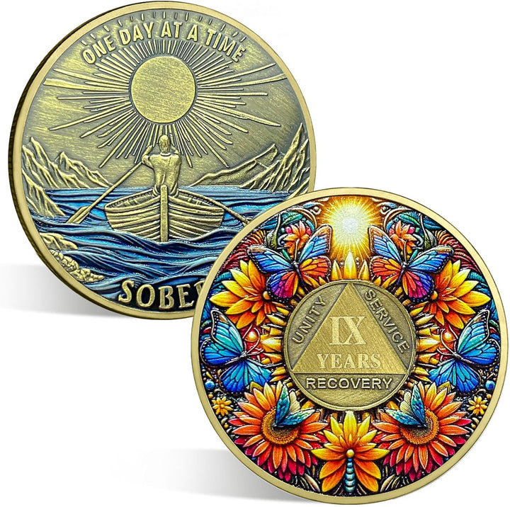Sobriety Coin, 5 Year Sunflower Butterfly Sobriety Chip AA Coin and Medallions One Day at a Time Sober Token Narcotics Alcoholics Anonymous Recovery Gifts