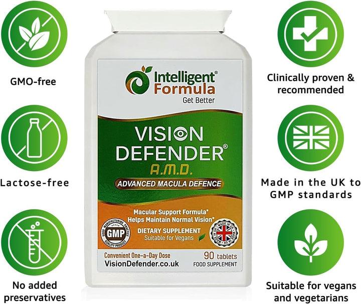AREDS2 VISION DEFENDER AMD Supplement: Lutein, Zeaxanthin, Zinc, Vitamin E – AREDS 2 Eye Vitamins, Minerals, Nutrients for Eyes. 3 Months Supply (90 Tablets) One-A-Day Vegan Eye Supplement. Made in UK