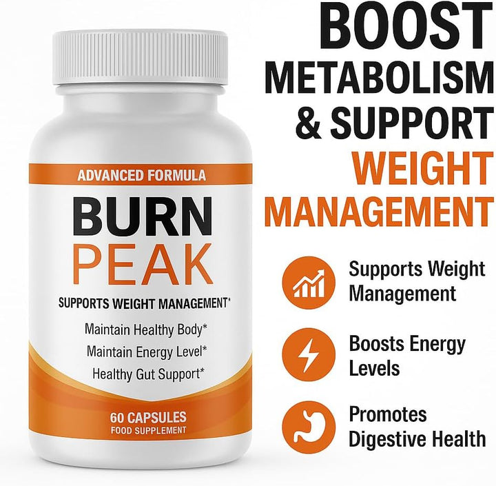 Burn Peak Advanced Formula – Weight Management & Metabolism Support Supplement – Apple Cider Vinegar, Guarana & Vitamins B2, B12 – Energy & Gut Health Support – 60 Capsules – Made in UK