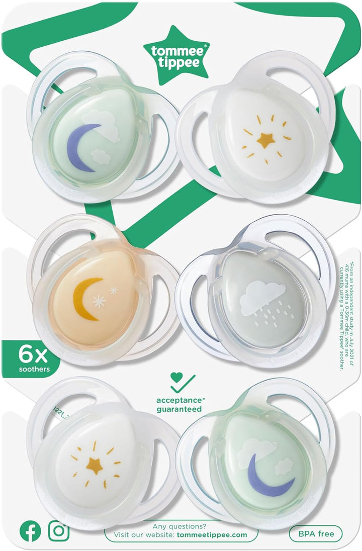 Nighttime Soothers, 0-6M, 6 Pack, Glow in the Dark, Varied Colours and Designs, Symmetrical Orthodontic Dummy, Bpa-Free Silicone Teat
