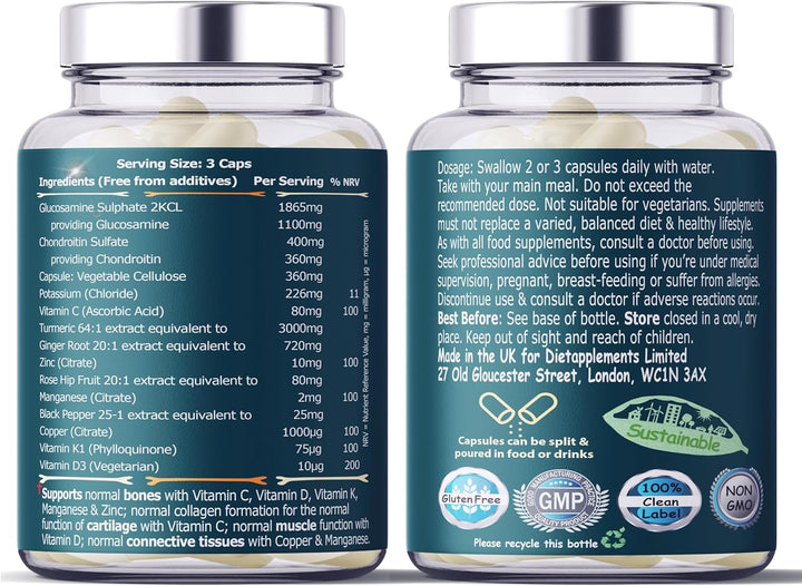 Glucosamine & Chondroitin Complex – 180 High Strength Capsules – Turmeric, Ginger, Black Pepper, Rosehip, Vitamin C, Vitamins D & Vitamin K, Zinc, Manganese and Copper & Potassium for Bones and Joints