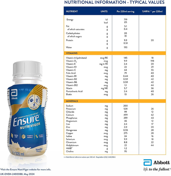 Ensure  Nutritional Shake – Vanilla Flavour – 12 X 220Ml – Boosts Energy – Ready-To-Drink – Food Supplement with Protein, HMB And27 Vitamins and Minerals