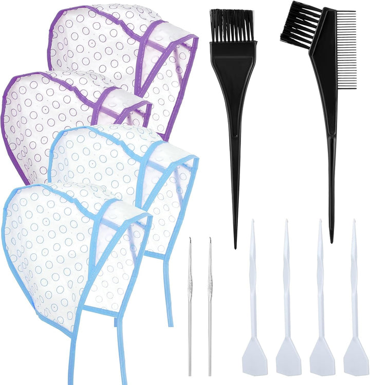 12 Pcs 4 Sets of Highlight Cap with Hooks, Hair Highlighting Caps, Highlight Hair Coloring Frosting Dye Kit for Salon Hair Dyeing Hairdressing (Purple+Blue)