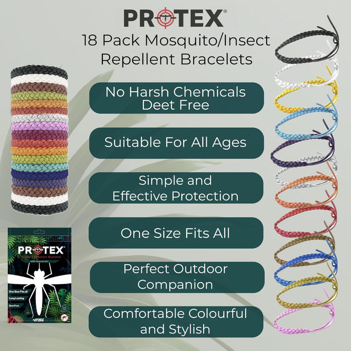 PR0TEX 18 Pack Mosquito Repellent Bracelet, Adjustable Leather Deet-Free Wrist Bands, Powerful Effective Protection, Insect Repellent Bracelets for Adults & Kids, Resealable Pack.
