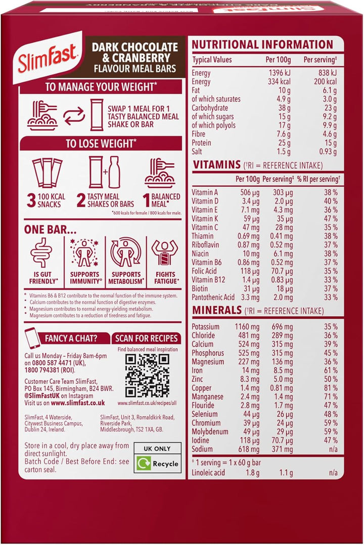 Dark Chocolate & Cranberry Meal Bar, 15 G Protein, 200 Calories, 27 Vitamins & Minerals, Meal Replacement for Weight Management or High-Protein Snack for Work, Gym & Travel, 4X60 G