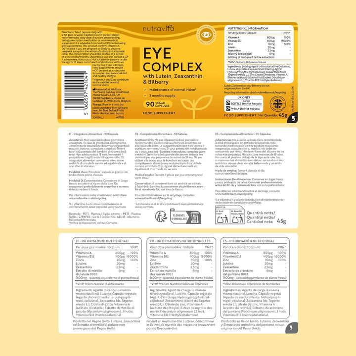 Lutein Natural Eye Supplement – 90 Vegan Capsules - Zeaxanthin, Bilberry Extract, Vitamins A, B12 & Zinc – for Maintenance of Normal Vision – Made in the UK