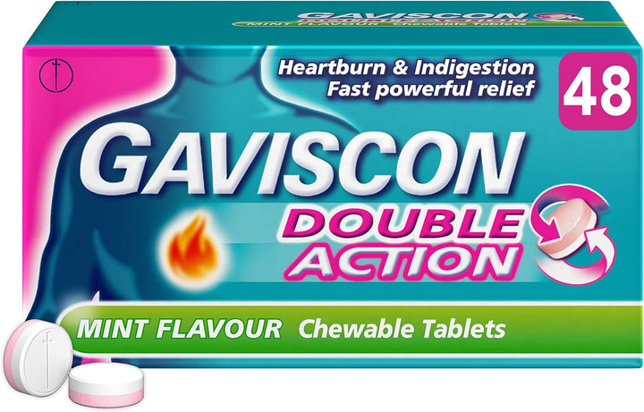 Double Action Tablets, Mint Flavour, 48 Tablets, Indigestion and Heartburn Relief, Indigestion Tablets, Acid Reflux, Antacid, Gets to Work Instantly, Lasts 2X Longer, Antacids