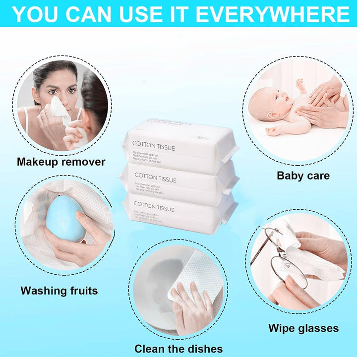 Disposable Face Towel, Facial Cotton Tissue for Sensitive Skin, Unscented and Ultra Soft Face Wipes, Cotton Dry Baby Wipes, Make-Up Remover Wipes (2 Pack=200Counts)