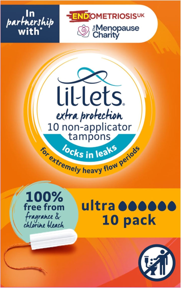 Non-Applicator Ultra Tampons, 10 Count (Pack of 1), for Extremely Heavy Flow, 6 Droplets, Plant-Based, Smartfit™ Non-App Tampon