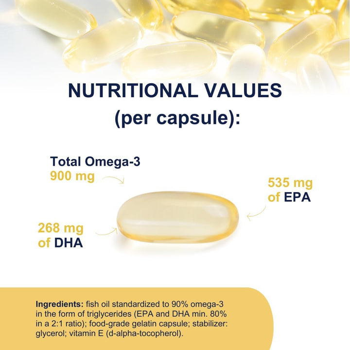 Omega 3 Capsules High Strength -  Vitality 1000 Omega3 Supplement with 535Mg EPA and 268Mg DHA for Heart, Brain and Eye Vision - No Fishy Aftertaste (90 Softgel Caps)