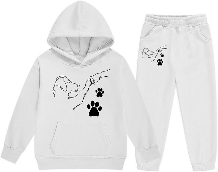 Girls Casual Hooded Tracksuit with Cute Cartoon Fist Bump Print and Drawstring Pockets for Autumn Winter Season