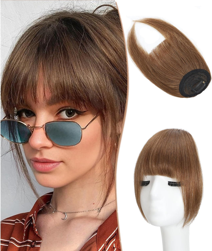 Clip in Fringe - Bangs Hair Clip in Bangs 100% Real Human Hair Extensions Clip on Air Bangs for Women Fringe with Temples Hairpieces Curved Bangs (Dark Brown, French Bangs)