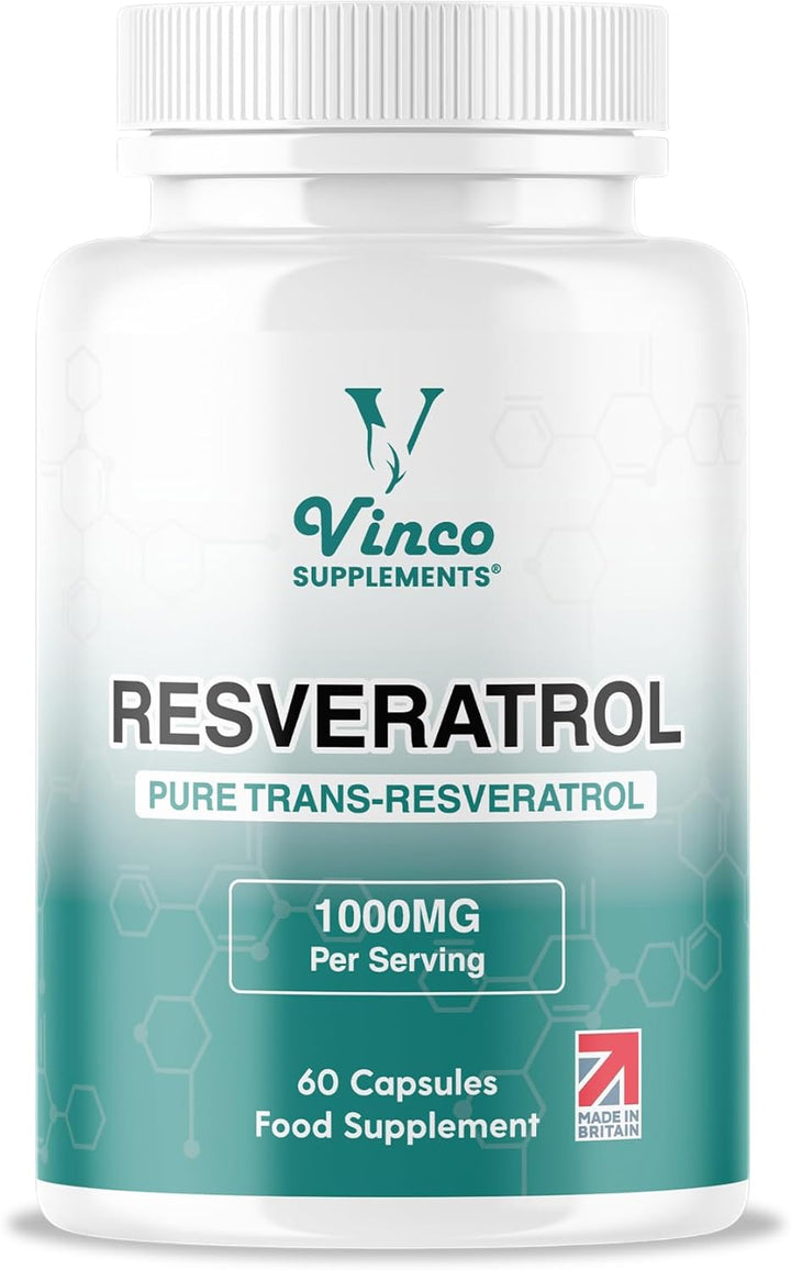 Vinco Resveratrol 1000Mg, 60 Capsules - 100% Pure Trans-Resveratrol Supplement for Cellular Health and Cardiovascular Wellness - Non-Gmo & Gluten Free - Made in the UK