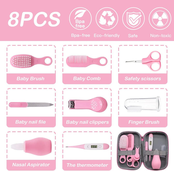 8Pcs Baby Grooming Kit, Newborn Baby Care Accessories with Zipper Box, Baby Hair Nail Thermometer Care Set, Baby Healthcare Set for Newborn Infant, Toddler Girls & Boys (Pink)