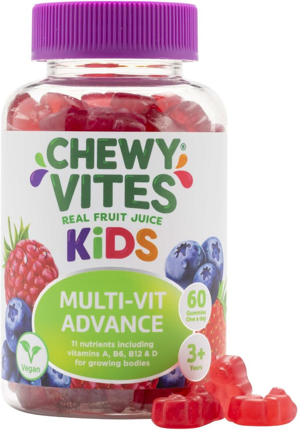 Kids Multivitamin Advance, 60 Kids Vitamins Gummies, 11 Essential Nutrients, 2 Months Supply, Real Fruit Juice, Vegan, Age 3 +, Blueberry and Raspberry Flavour