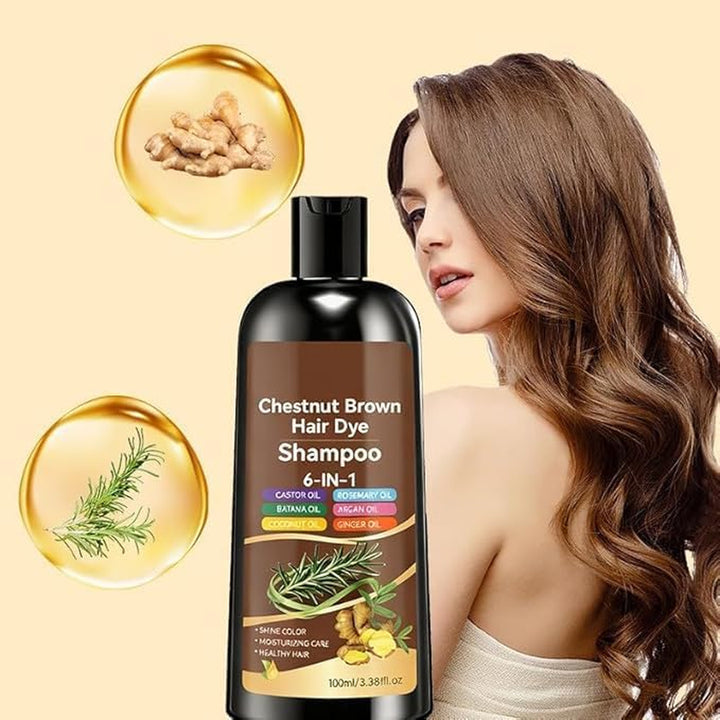 Hair Dye Shampoo, 6 in 1 Natural Herbal Ingredients Hair Colour Shampoo, Grey Hairs Beard Coverage, Non-Irritating & Nourishing, Instant & Easy for Men Women (Chestnut Brown)