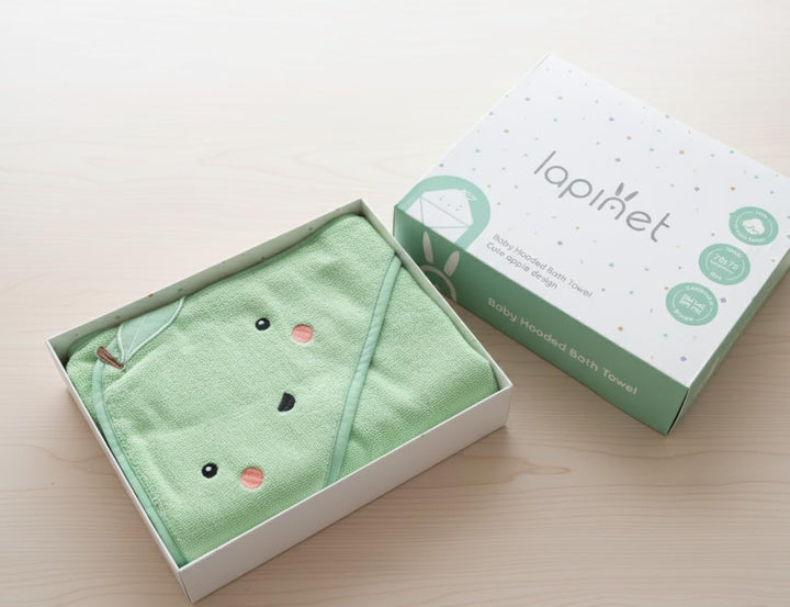 100% Organic Cotton Luxury Baby Hooded Bath Towel, Boy & Girl Gender Neutral Green Apple Fruit Design, Soft & Absorbent Infant Essential, New Parent Gift for Newborn to Toddler 75X75Cm
