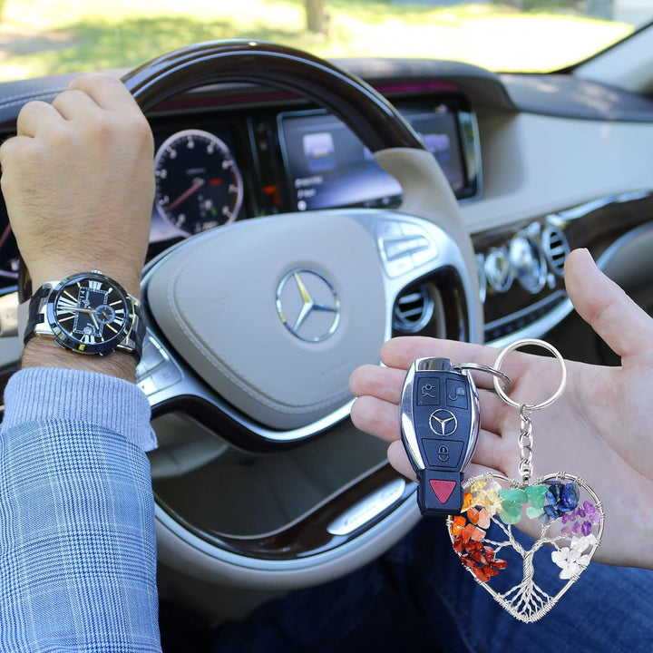 Tree of Life Keyring 7 Chakra Healing Crystal Tumbled Stone Natural Gemstone Car Key Chain Reiki Healing Keychain for Friendship Women Men Girls Bikes Home