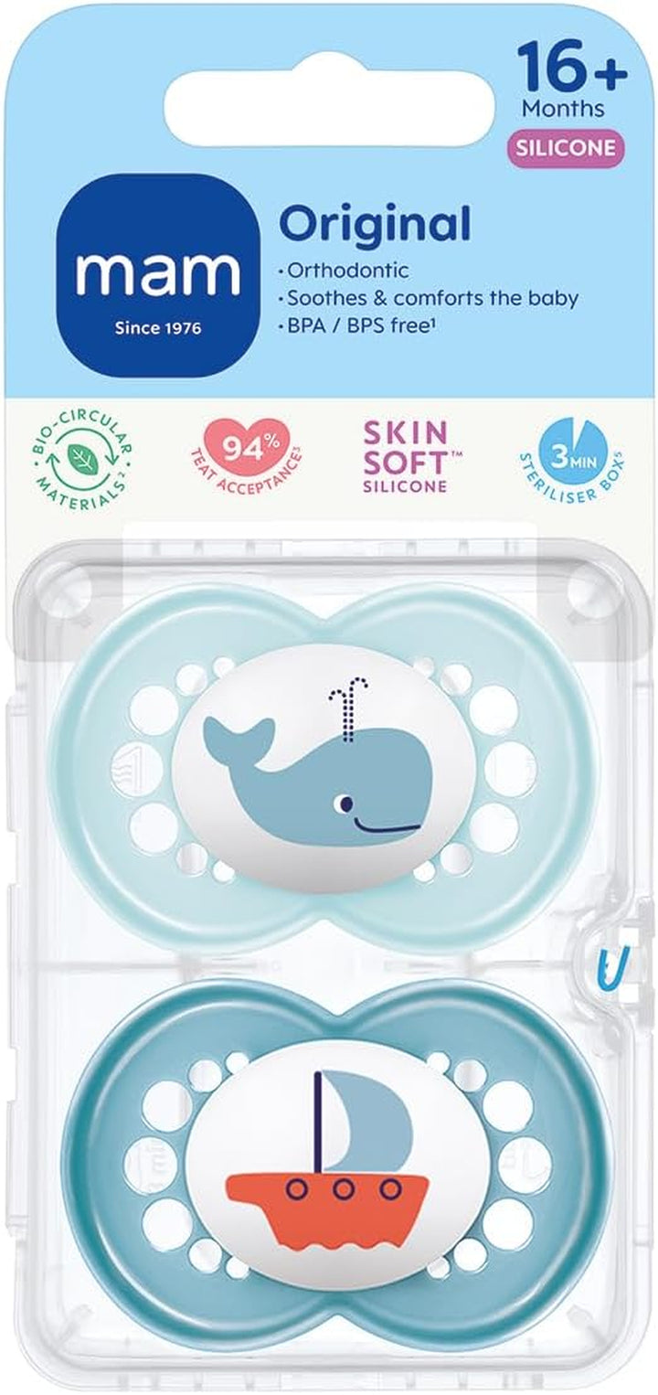 Original Soothers | 16 plus Months | Pack of 2 | Comes in Dummy Steriliser Box | Sustainable Materials | Baby Accessories | Blue (Various Designs)