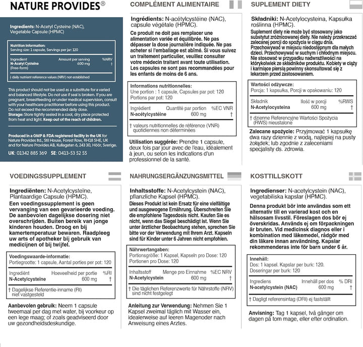 NAC N-Acetyl Cysteine (Free Form) 600Mg - 120 Vegan Capsules, High Grade and Stable, 100% Pure - No Fillers/Buffers/Flow Agents, UK Made by