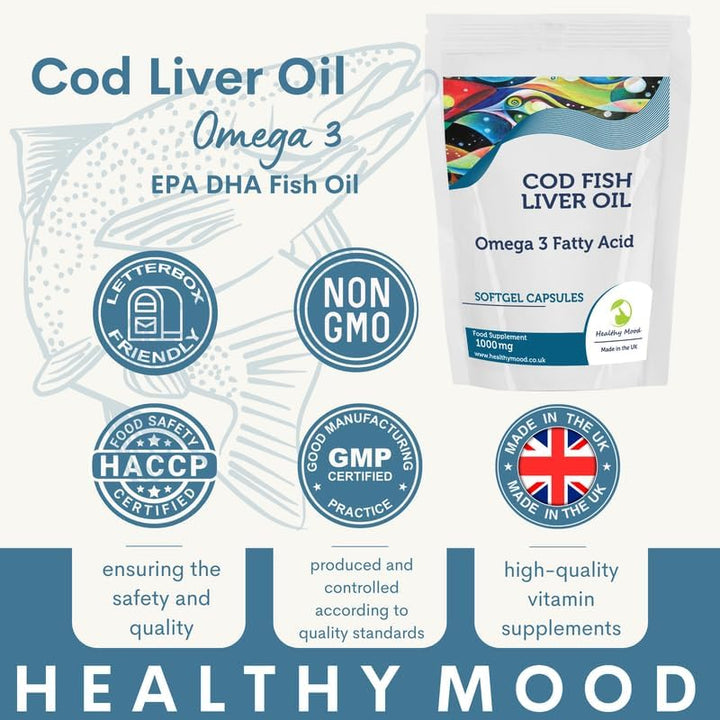 Cod Liver Oil 1000Mg High Strength Cod 7 Capsules: Vitamin A, D3, Omega 3 EPA DHA Fish Oil - Uk-Made Health Vitamins & Supplements