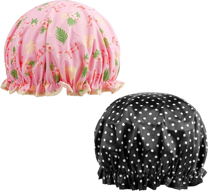 Prettydate 3 Packs Double Layer Shower Cap Waterproof Elastic Bath Cap for Women Shower Spa Salon