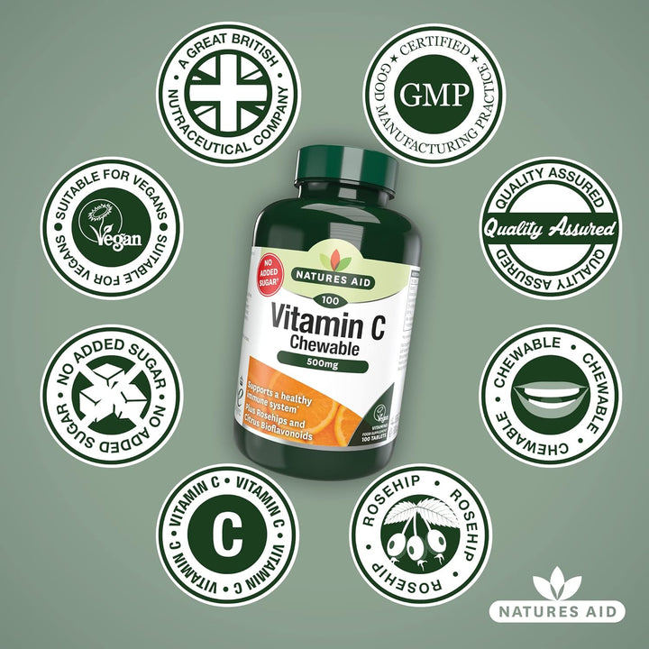 Vitamin C 500Mg 100 Chewable Tablets – Supports Immune System & Skin Health - High Strength, Sugar Free, Vegan, Non-Gmo – Antioxidant Supplement