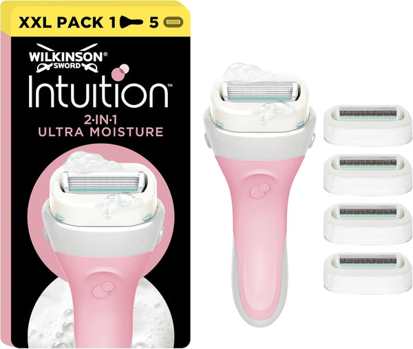Intuition 2-In-1 Ultra Moisture Women’S Razor Blades, Hair Remonal, Touch of Shea Butter, Shavers for Routine Grooming, 1 Reusable Handle and 5 Refill Razor Blades Pack