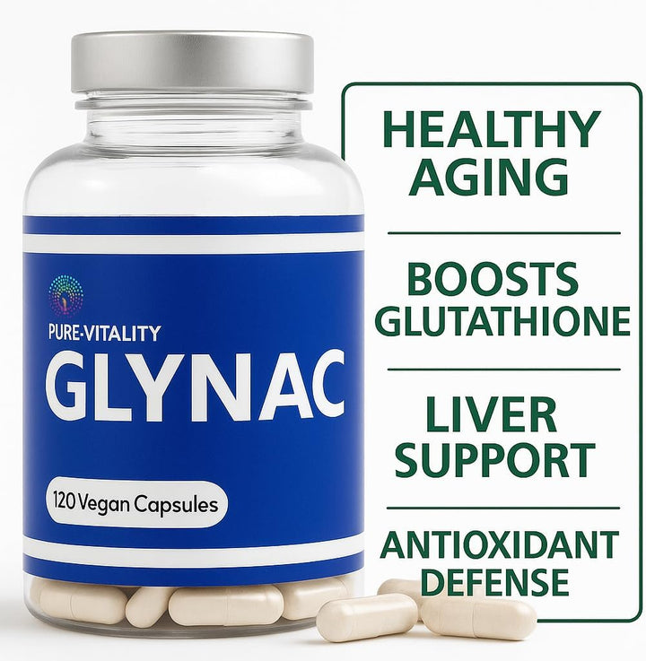 Pure:Vitality Glynac - 120 Capsules, 1200Mg Glynac (600Mg Glycine & 600Mg N-Acetylcysteine) per Serving, High Strength Glutathione Supplement, Vegan Glynac for Healthy Ageing