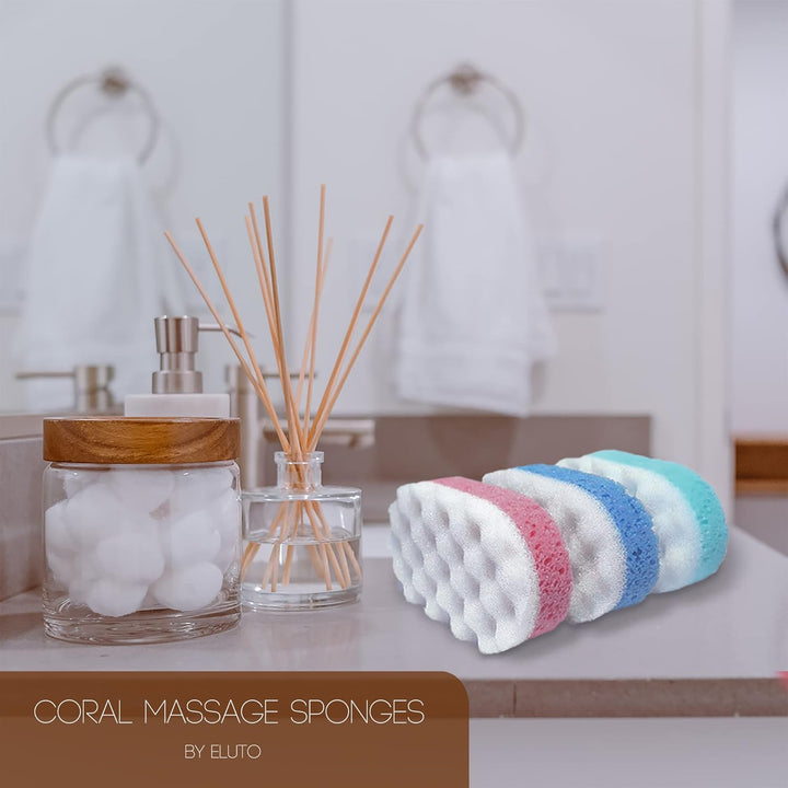 Bath Massage Sponge for Adults - Exfoliating Body Shower Scrubber - Doubled Sided Exfloating Massage Sponge- Family Pack of 3